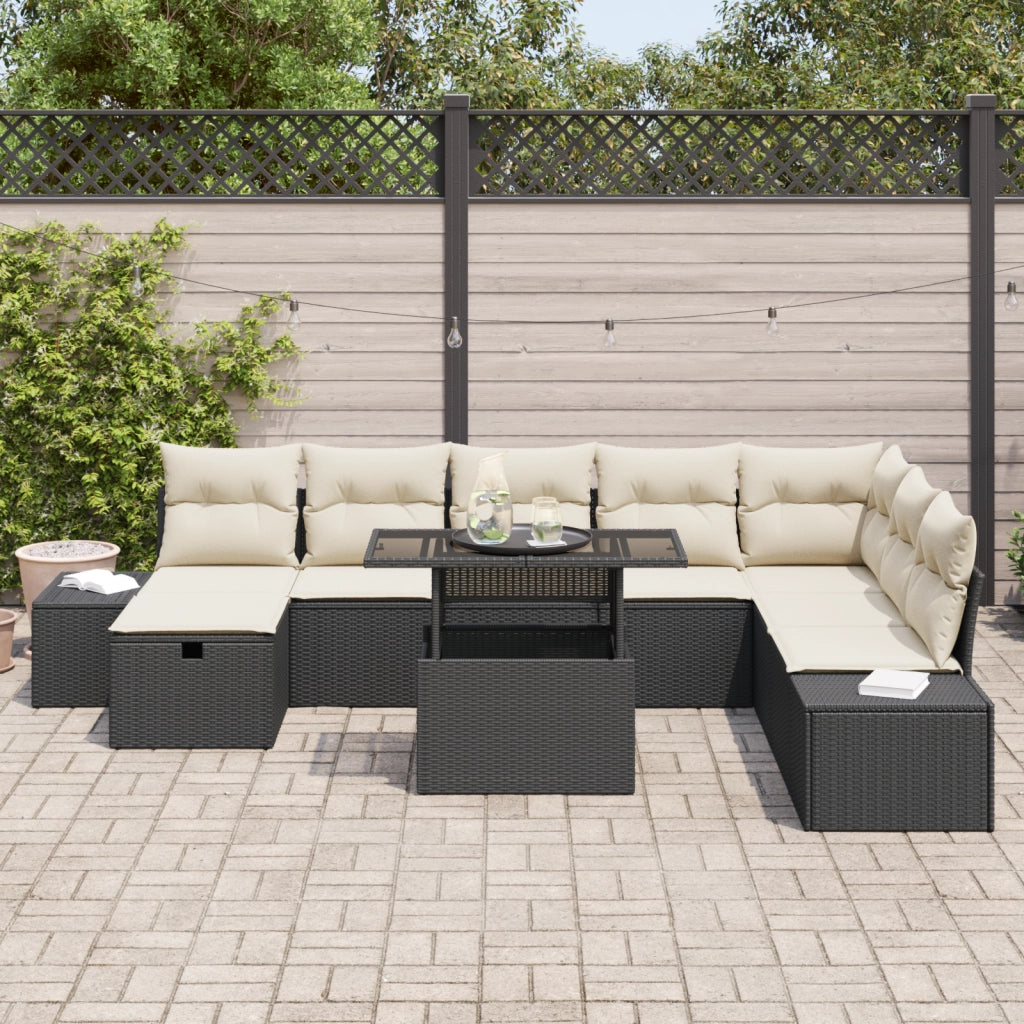 Set Divani Giardino 9 Pezzi con Cuscini Nero Rattan Polimerico