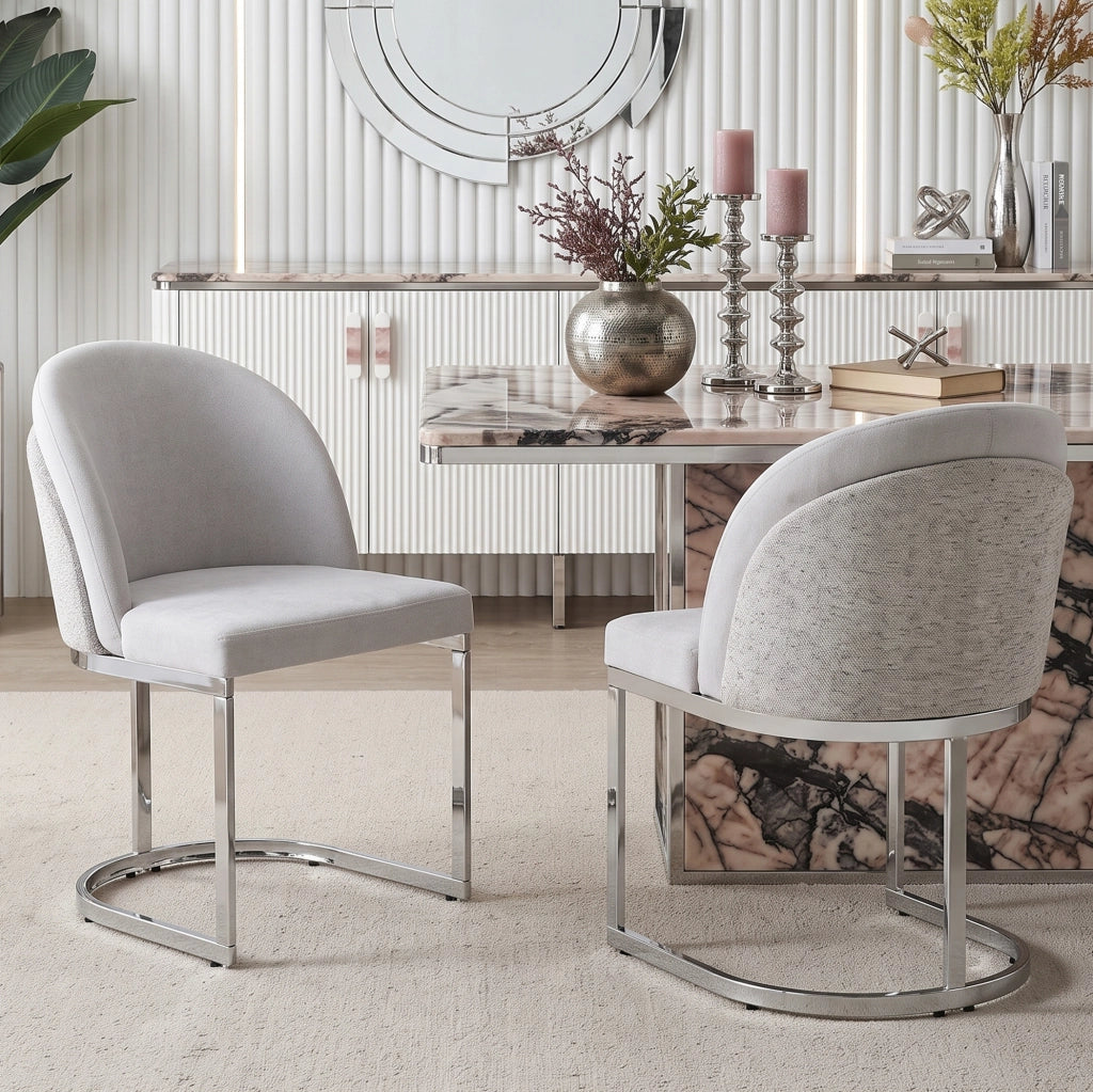 Set di 2 sedie da pranzo in tessuto Chenille grigio con gambe argentate