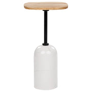 Tavolino moderno rotondo a forma geometrica piano in legno di acacia chiaro base in metallo effetto marmo bianco soggiorno elegante