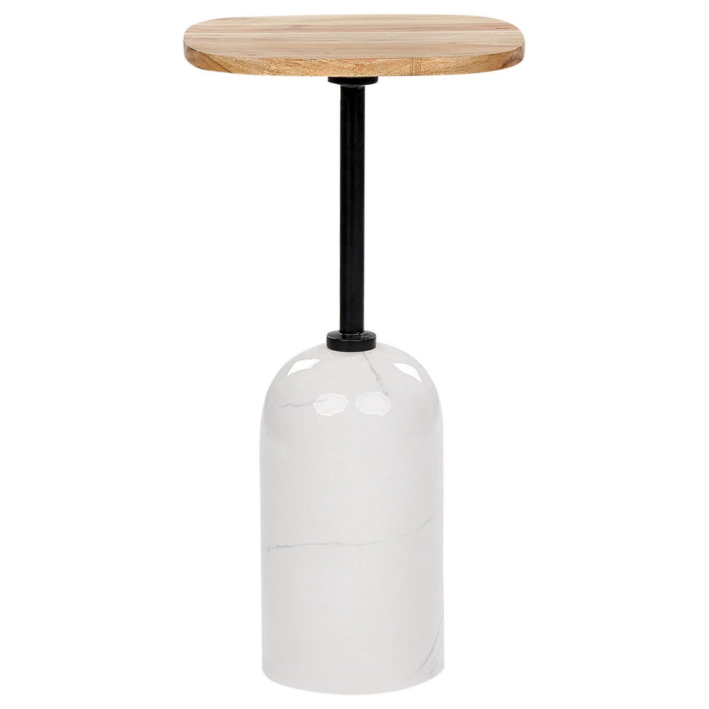 Tavolino moderno rotondo a forma geometrica piano in legno di acacia chiaro base in metallo effetto marmo bianco soggiorno elegante
