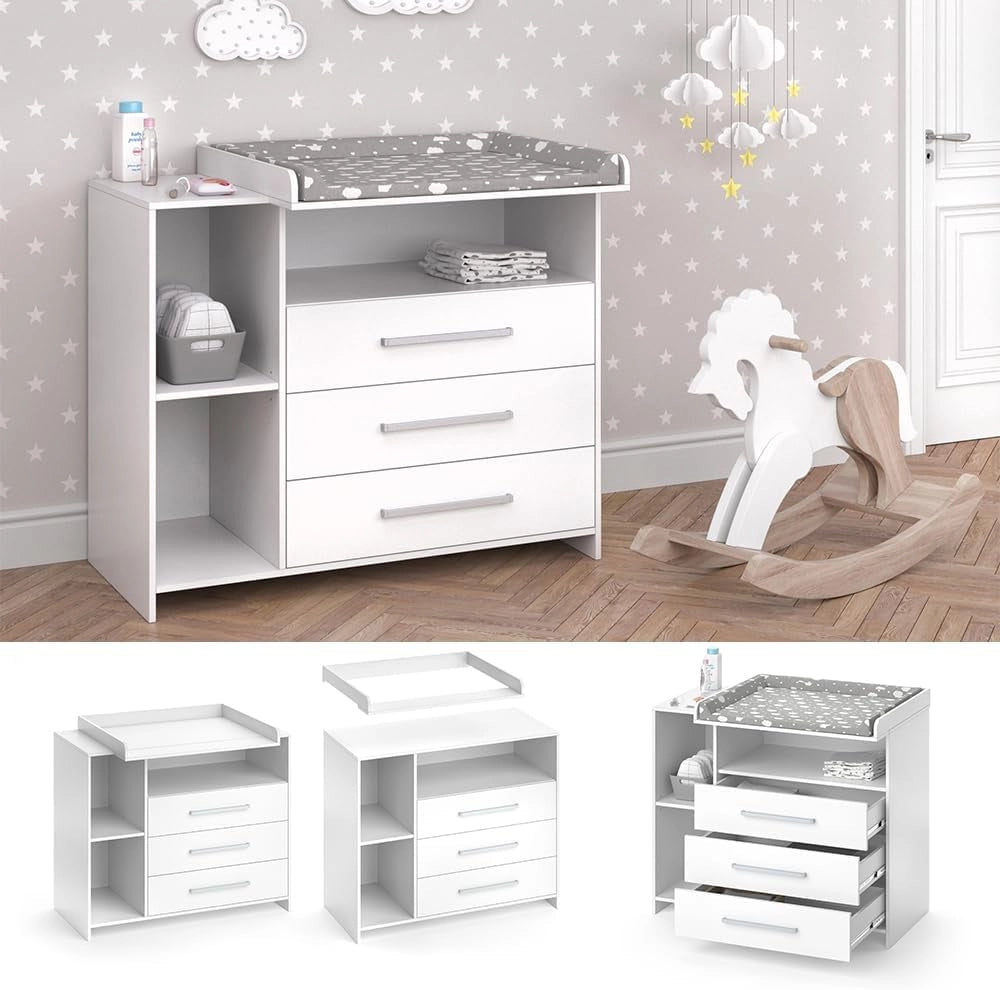 Fasciatoio Oskar, Bianco, 113 x 100 cm con 3 ampi cassetti, convertibile in cassettiera grazie al fasciatoio rimovibile