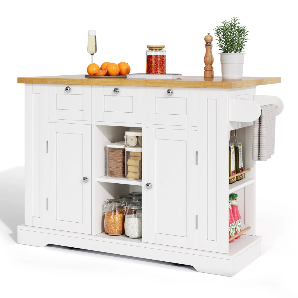 Isola da Cucina Mobile 132x40/70x87 cm Bianca e Legno con Piano Ribaltabile; Prese USB e Cassetti