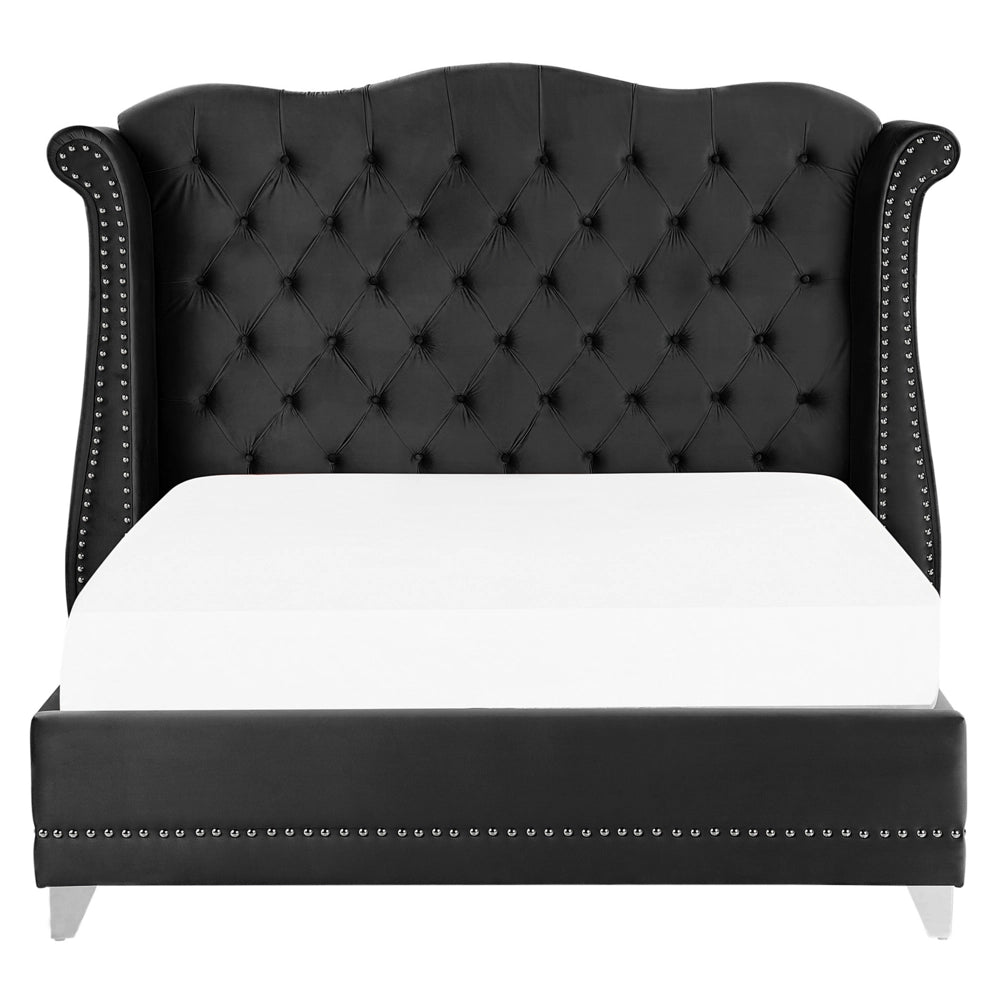 Letto 160 x 200 cm Velluto Nero Base A Doghe Bottone Testiera Trapuntata Testata