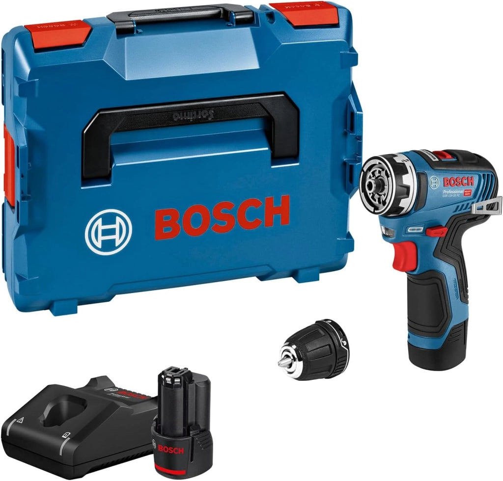 Bosch Professional GSR 12V-35 FC FlexiClick System Trapano-avvitore a Batteria 12V System, Include 2 Batterie 3.0 Ah, Caricabatterie Rapido GAL 12V-40,Include Mandrino GFA 12-B, in L-BOXX, 06019H3001