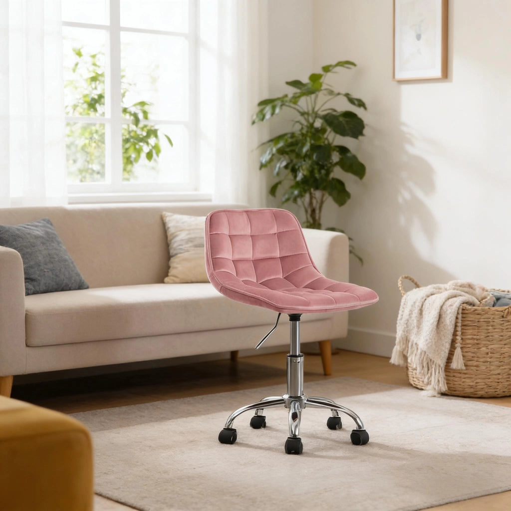 Sedia da ufficio girevole in velluto rosa con ruote, altezza regolabile 40-47,5 cm