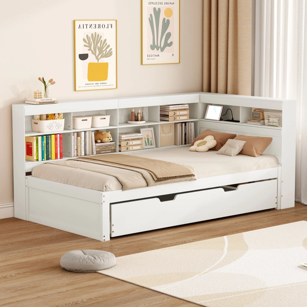 Divano letto multifunzionale con letto estraibile 90x200 cm; USB; bianco