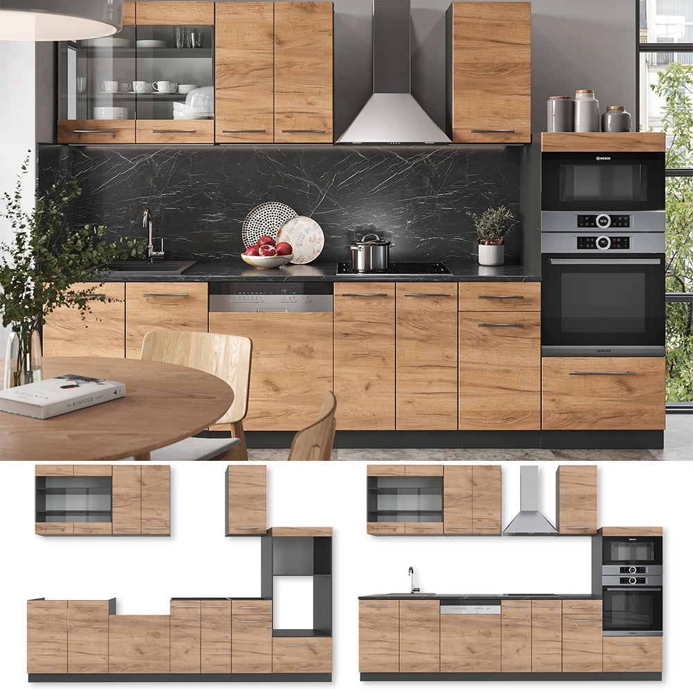 Vicco Cucina componibile Quercia dorata/antracite 300 cm con armadio alto, PL Rovere