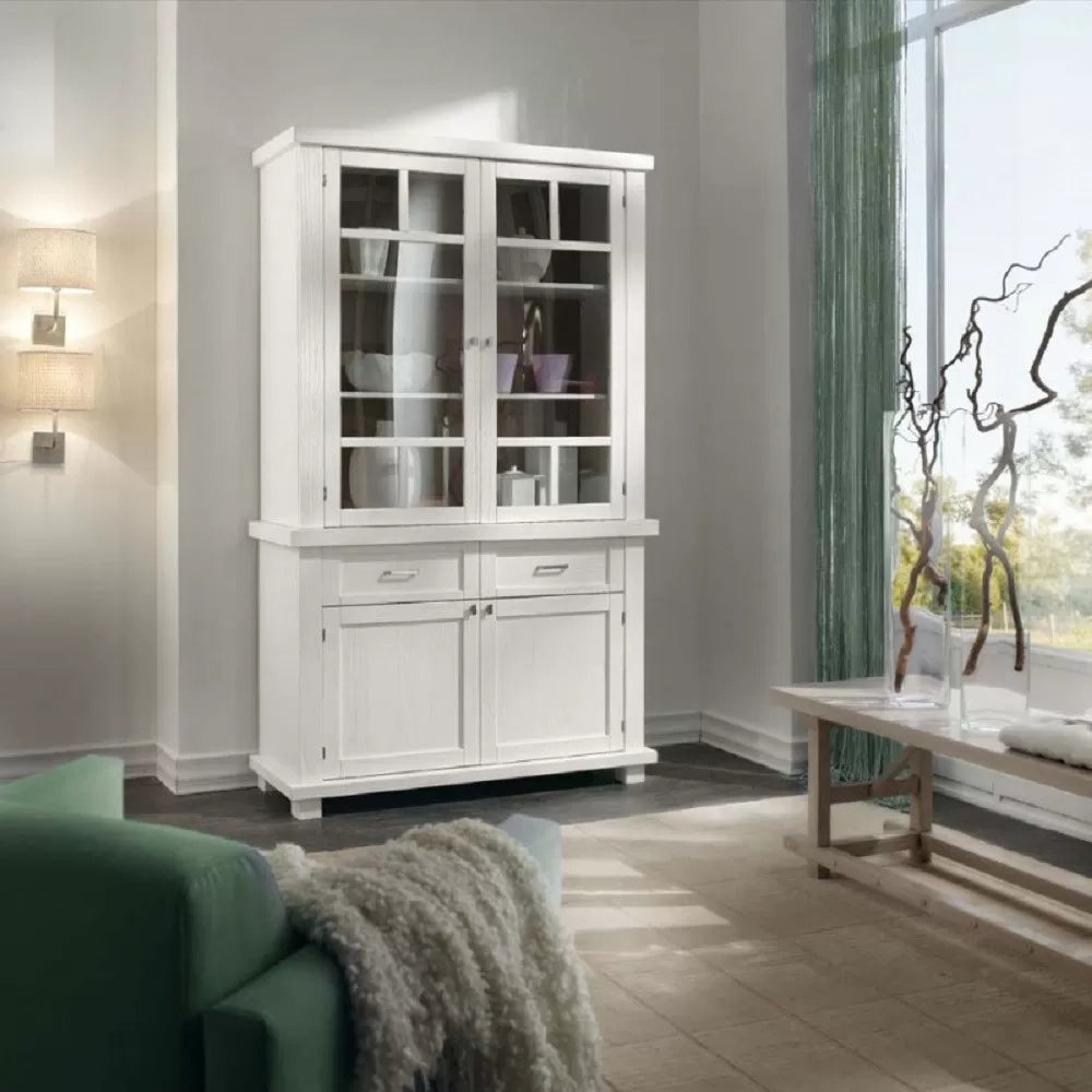 Cristalliera shabby in legno massello 4 ante 2 cassetti bianco opaco l.120 p.45 h.198 - Mobili 2G