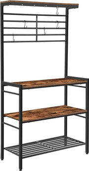 Rack da cucina con piastra di visualizzazione alta, supporto per forno a microonde, piastra di appoggio con 2 assi di legno e pannello di gas, rack da cucina con 6 ganci, gambe regolabili, finitura rustica marrone.