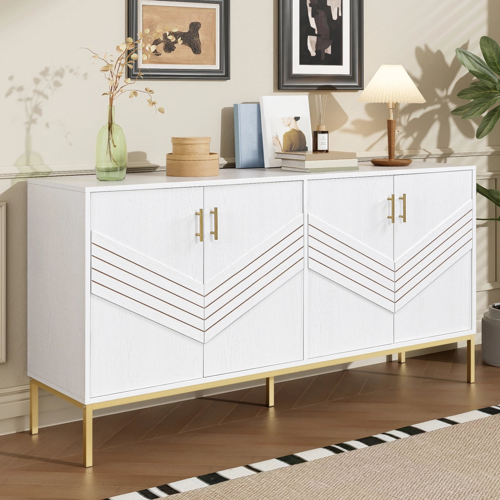 Credenza a 4 ante con ripiani regolabili in MDF bianco e effetto legno, per soggiorno e sala da pranzo, 160 × 40 × 80,5 cm