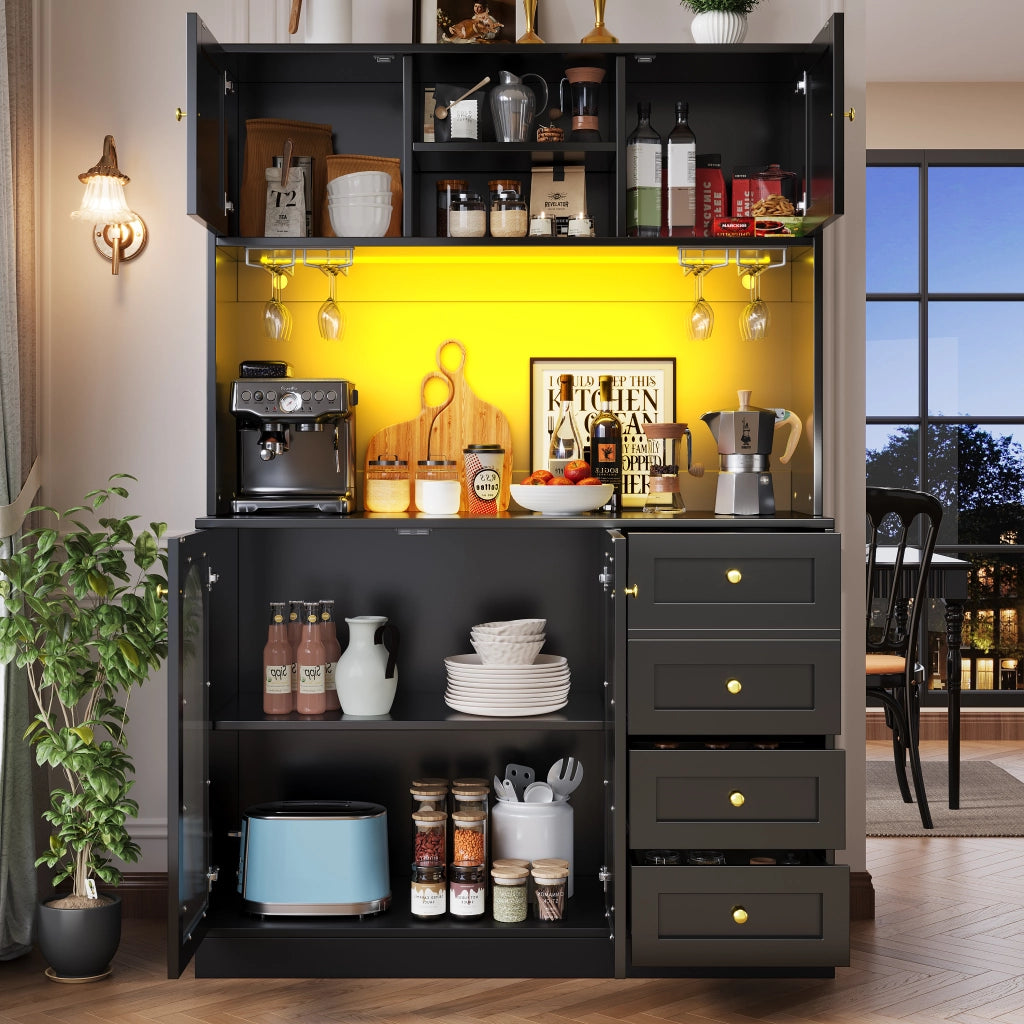 Credenza da Cucina Alta con 4 Ante; LED Regolabile e Vani Interni; in MDF Nero; 120 x 40 x 188 cm