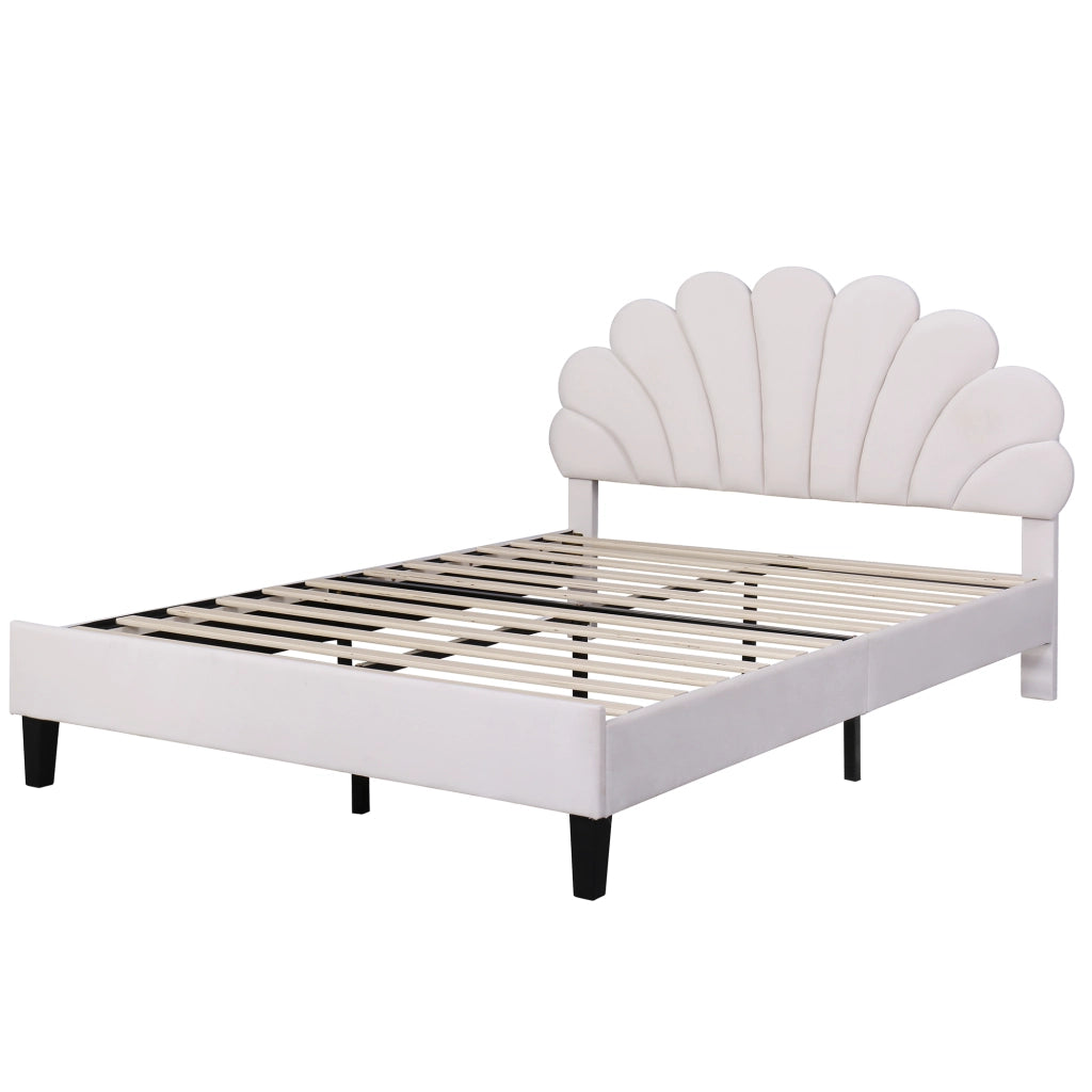 OKWISH Letto Imbottito 140×200 cm, Letto Matrimoniale con Testiera a Fiore, 12 Doghe e Imbottitura, senza Materasso, Beige