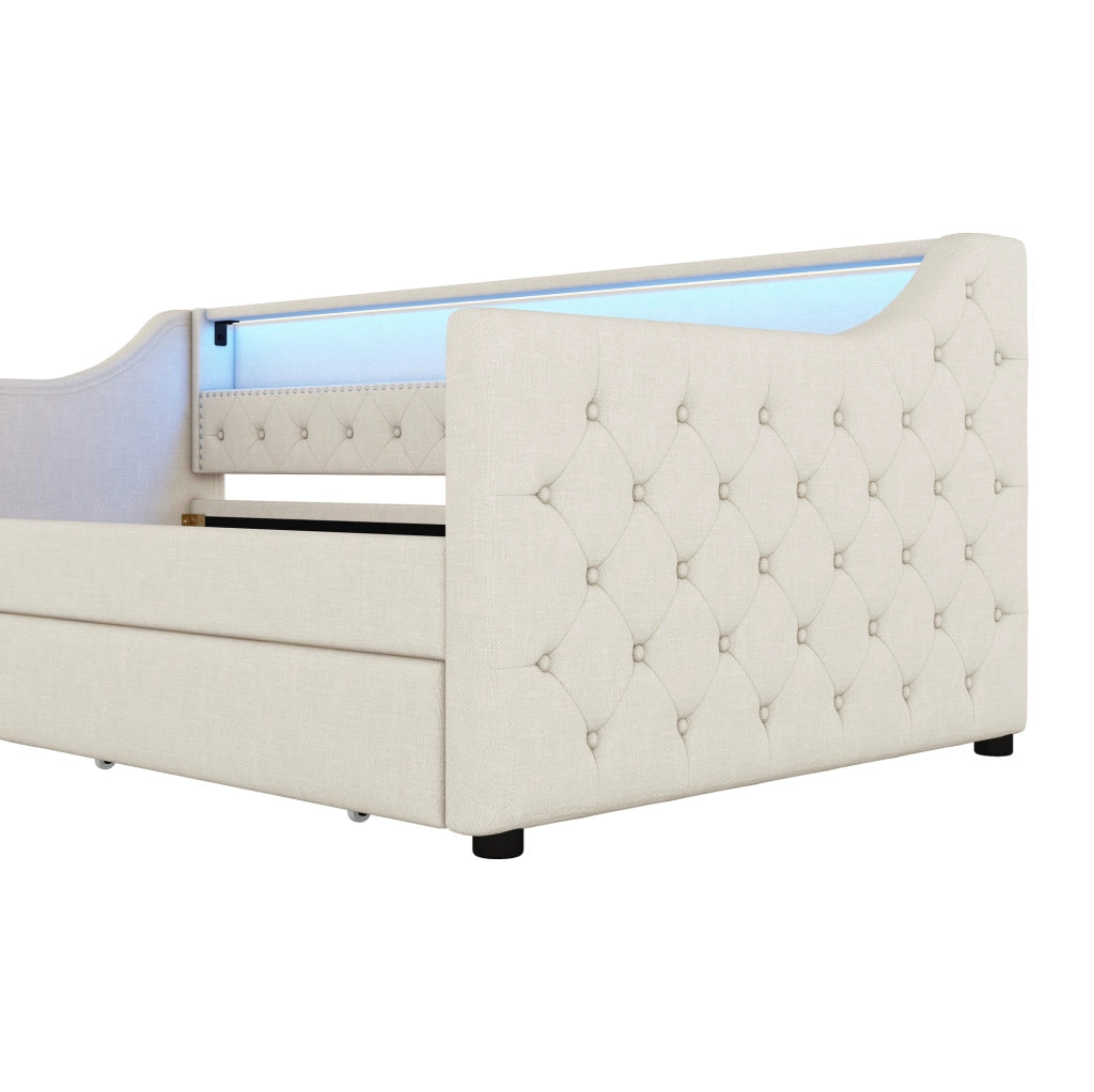 Letto da giorno 90x200 cm beige in lino e MDF con LED, USB e 2 cassetti