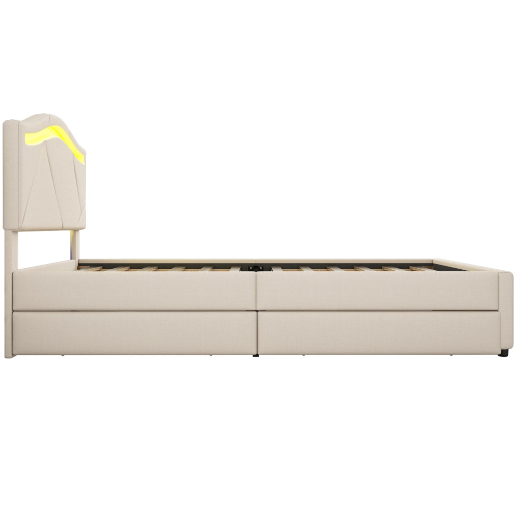 Letto imbottito 90x200 cm con rete a doghe; 2 cassetti; LED; beige