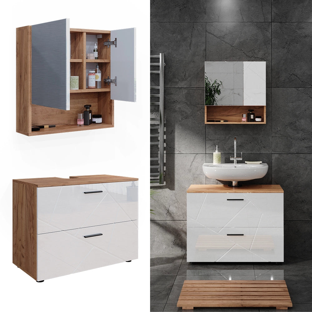 Vicco Set di mobili da bagno Bianco lucido/oro power oak 2 parti