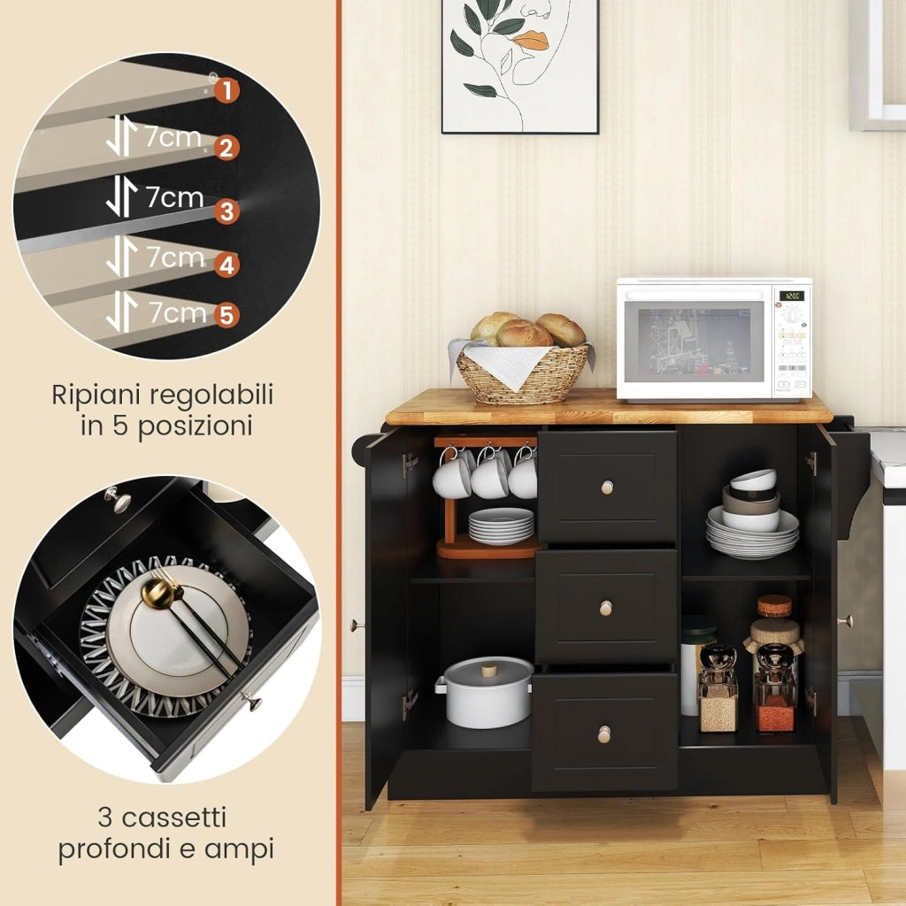 Carrello da Cucina Con Rotelle Nascoste, Isola in Legno Con 3 Cassetti e 2 Armadietti, Credenza Con Barra Laterale per Asciugamani e Portaspezie, 127x46x91,5cm (Nero)