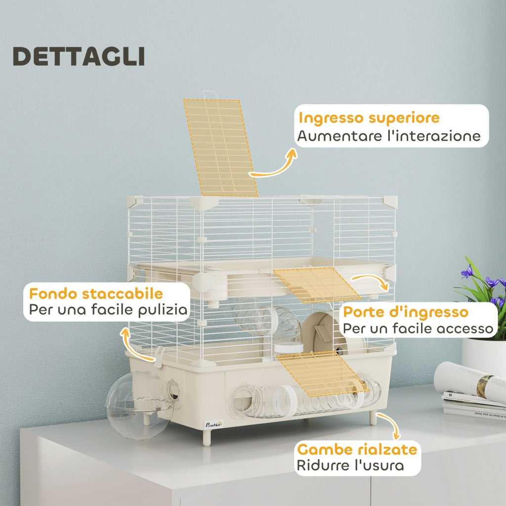 Gabbia per Criceti a 2 Livelli 44,5x28x44 cm 3 Porte Ruota e Tubi in Acciaio e PP Crema e Bianco