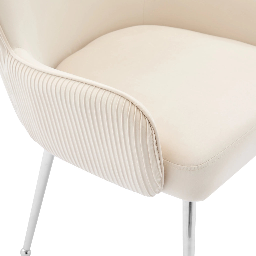Sedia da pranzo 4 pezzi con braccioli e supporto lombare, schienale plissettato, in velluto e metallo beige