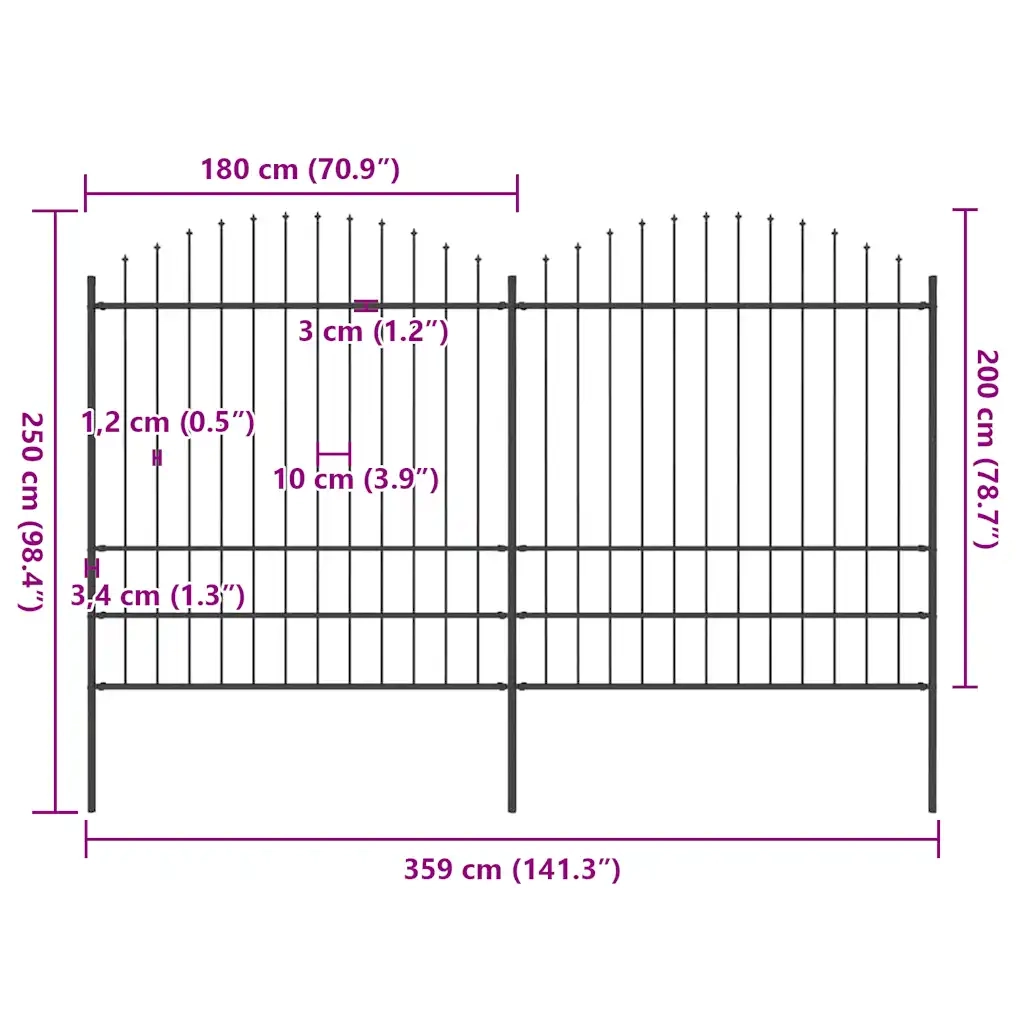 Recinzione da Giardino con Punta a Lancia in Acciaio 359x200 cm Nero 277749