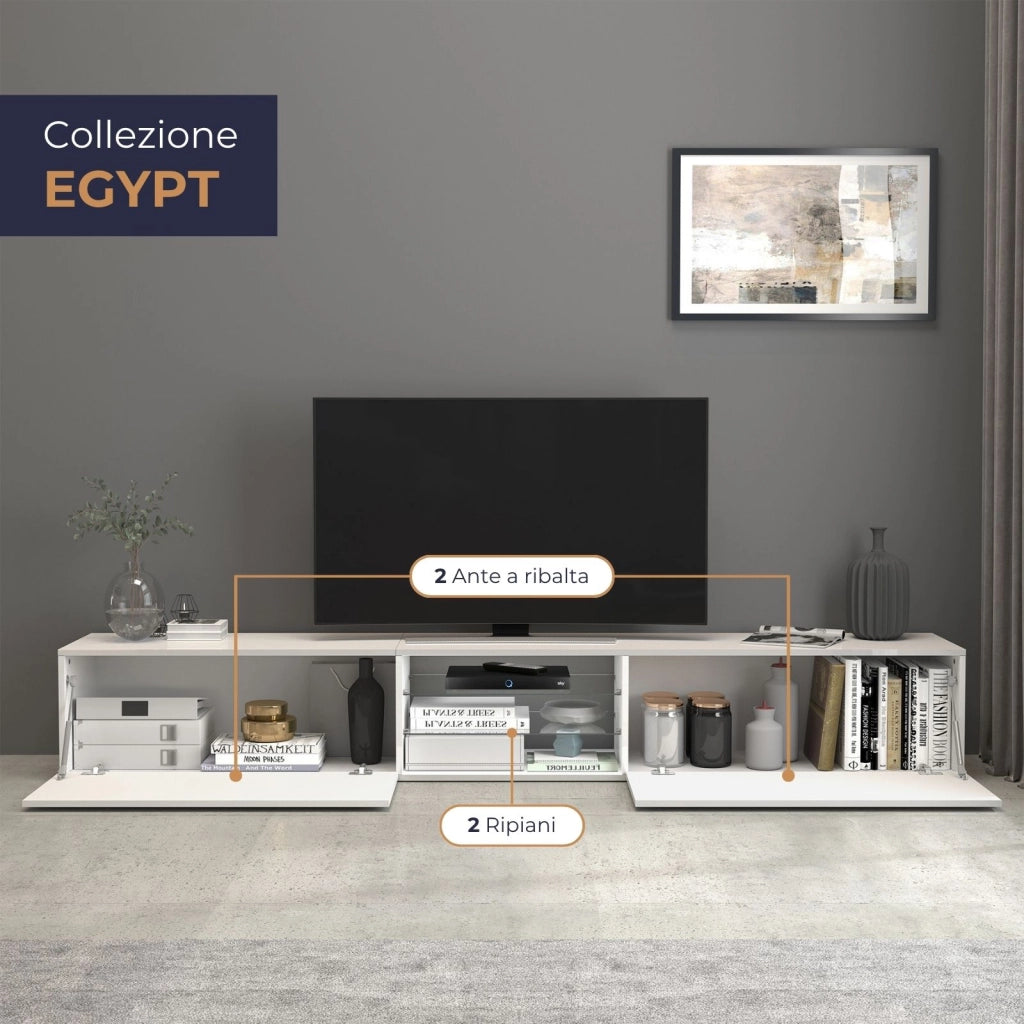 WHOUS Mobile porta tv Egypt a 2 ante e 2 ripiani in vetro bianco lucido 240x38x35 cm