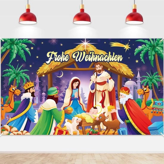 Banniere di Natale 185 x 110 cm - Natale Felice - Banniere di Fondo - Decorazione Interna/Esterna - Natale Cristiano - Gesù - I Tre Re Magi - Decorazione di Natale