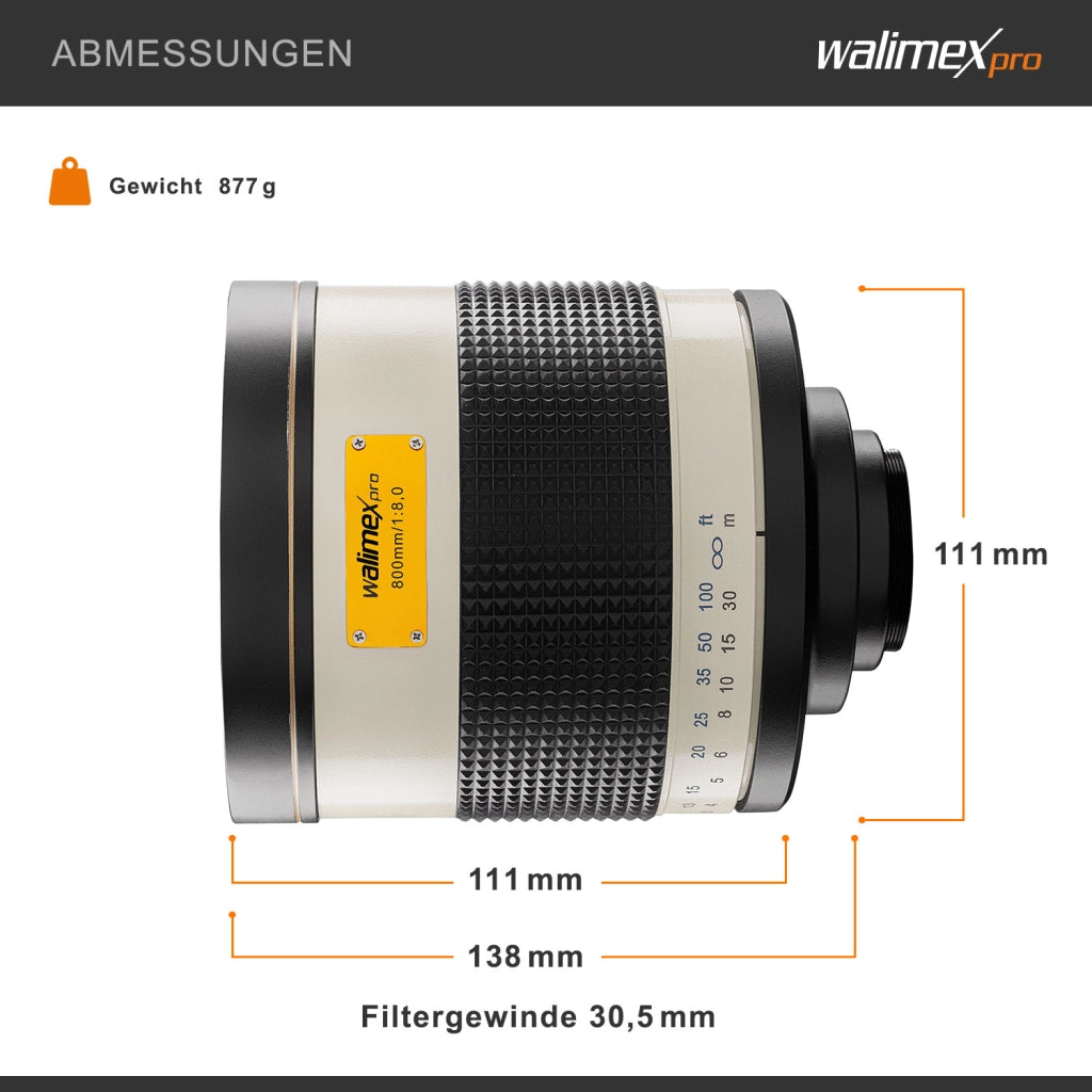Obiettivo fotografico catadiottrico 800/8,0 DSLR a baionetta - lunghezza 131mm - per lunghezza focale 800mm - sensore full-frame/APS-C - attacco T2 - messa a fuoco ravvicinata 3,5m