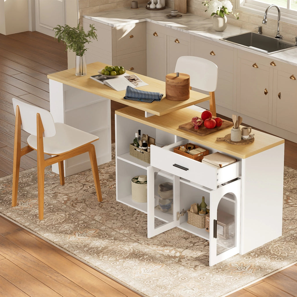 Isola cucina con piano girevole 360°, credenza con cassetto e ripiani, tavolo bar in MDF bianco 136x50x78 cm
