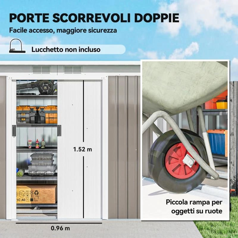 RIPOSTIGLIO DA GIARDINO IN ACCIAIO CON 2 PRESE D'ARIA E 2 PORTE SCORREVOLI, 280X130X172 CM, GRIGIO CHIARO