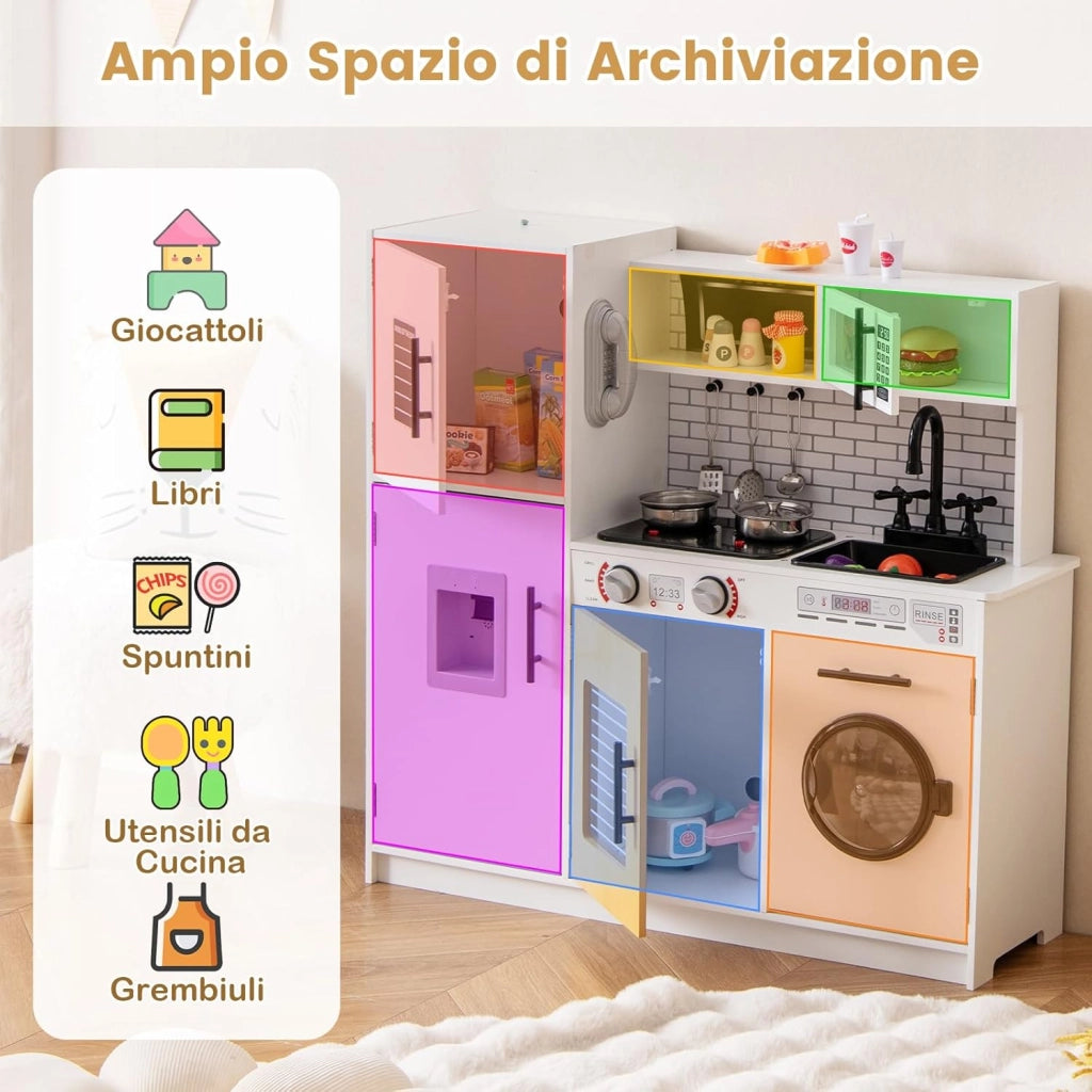 Cucina Giocattolo per Bambini, Cucina Legno per Bambini con Forno, Microonde, Lavatrice, Telefono, Lavello Rimovibile e Rubinetto Rotante, con Luci e Suoni, per Bambini di 3+ Anni (Bianco)