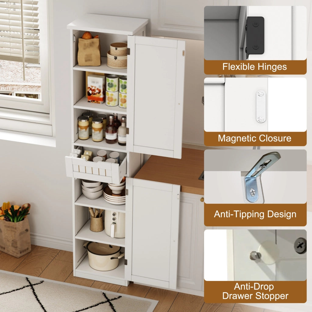 Credenza alta con ripiani regolabili e ante a griglia, per cucina e soggiorno, in MDF bianco, 170 × 40 × 30 cm