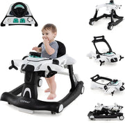 6 in 1 Girello per Bambini, Girello Pieghevole con Altezza Regolabile a 3 Livelli, Scatola Musicale Rimovibile, Vassoio per Alimenti, Portata 12 kg, per Bambini di 6-18 Mesi (Bianco)