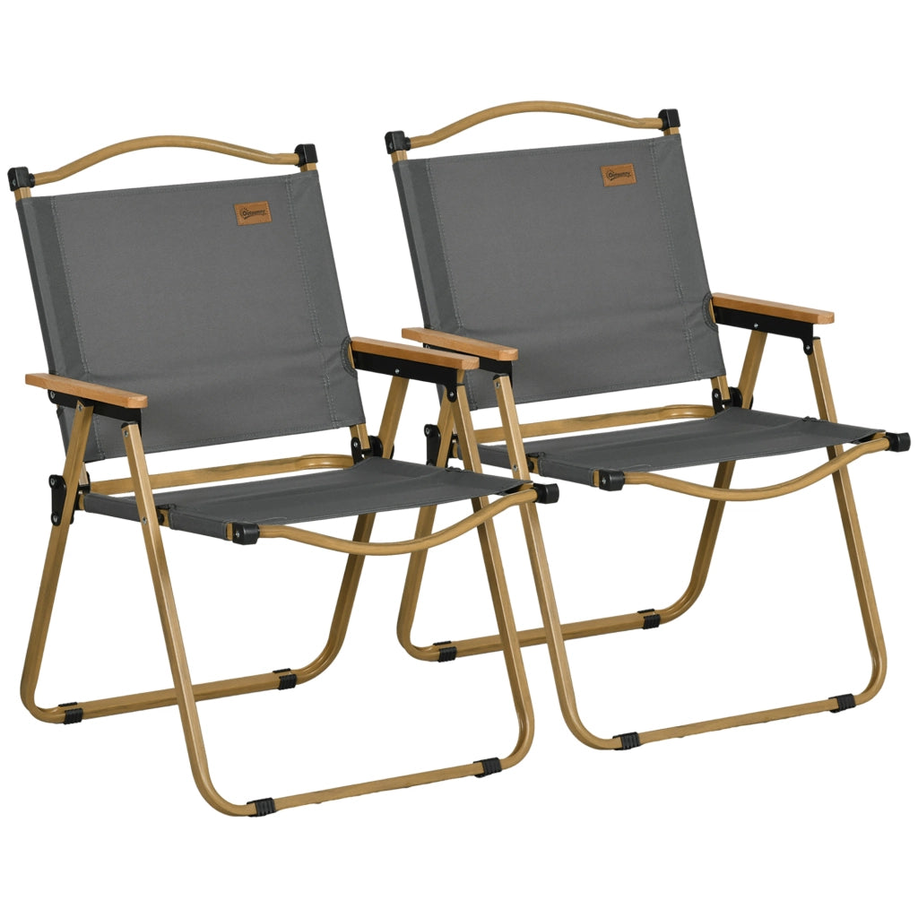 Set di 2 sedie da campeggio pieghevoli con struttura in acciaio ideali per campeggio e spiaggia colore grigio scuro.