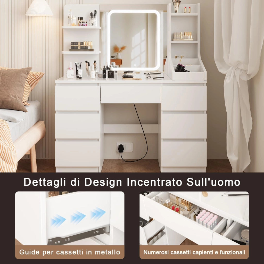 Toeletta da Trucco con 7 Cassetti, Postazione Trucco con Specchio a LED, Luminosità Regolabile,Tavolo da Toeletta con 4 Ripiani Aperti,per la Camera da Letto, Bianco