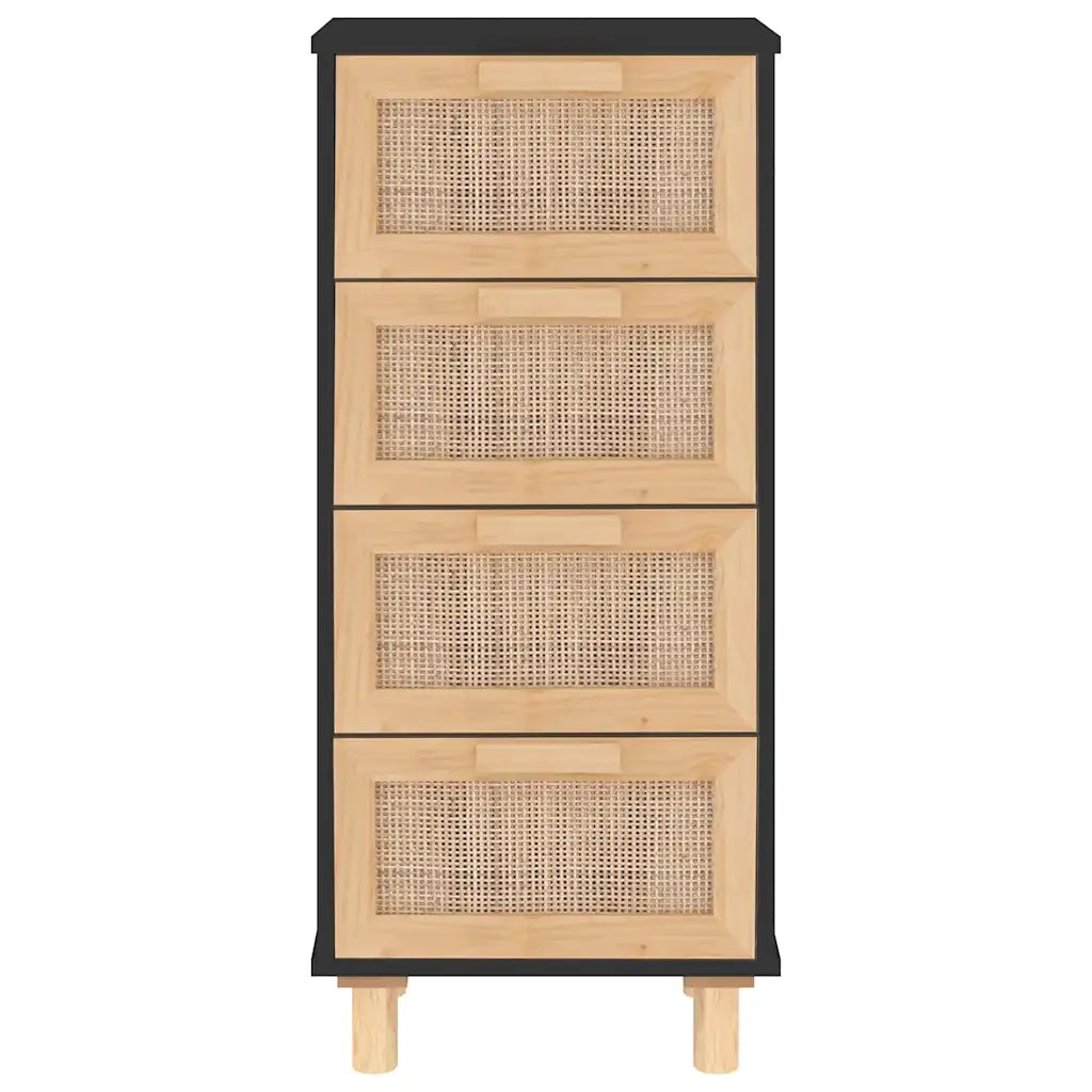 Credenza Nera 40x30x90 cm Legno Massello Pino e Rattan Naturale 345643