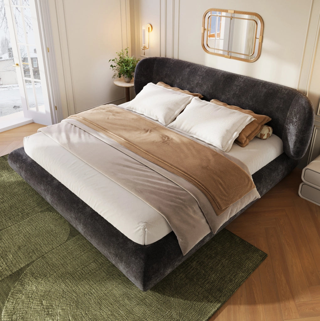 Letto matrimoniale imbottito 140 x 190 cm in ciniglia con rete a doghe e testiera; grigio