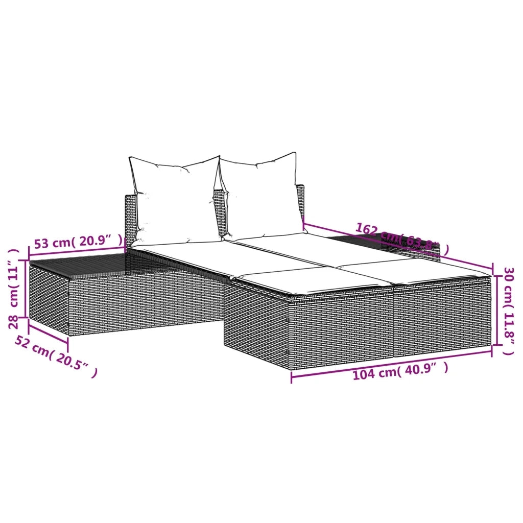 Lettino Prendisole | Sdraio da giardino | Lettino da sole Doppio con Cuscini Grigio in Polyrattan