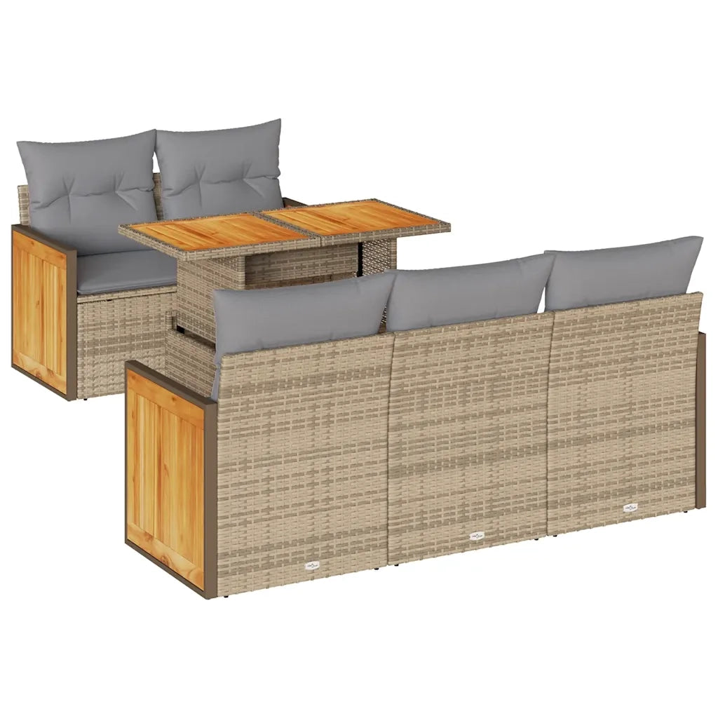 Set Divano da Giardino 6 pz con Cuscini Beige Polyrattan Acacia