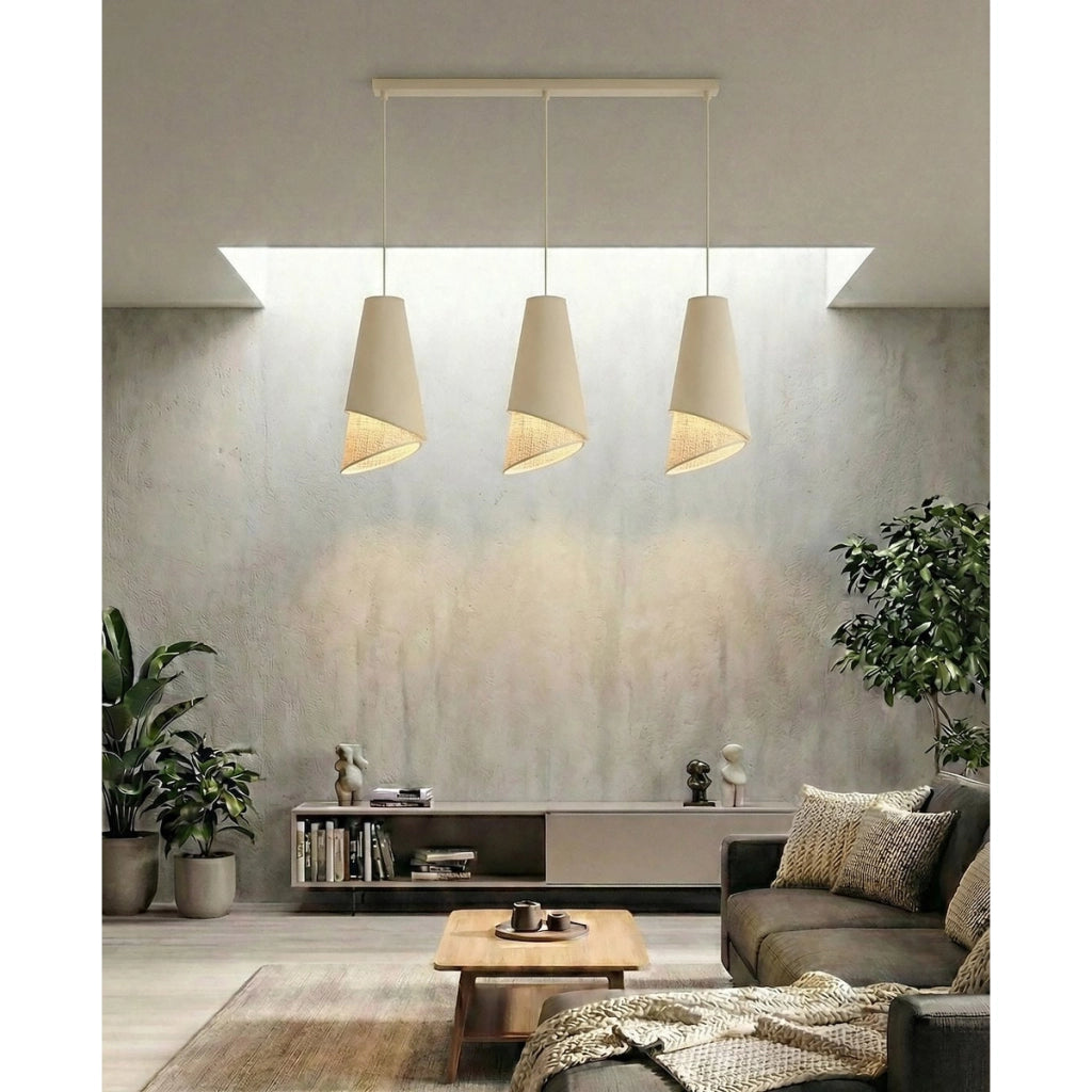 Lampada a sospensione MODA in acciaio e tessuto effetto rattan