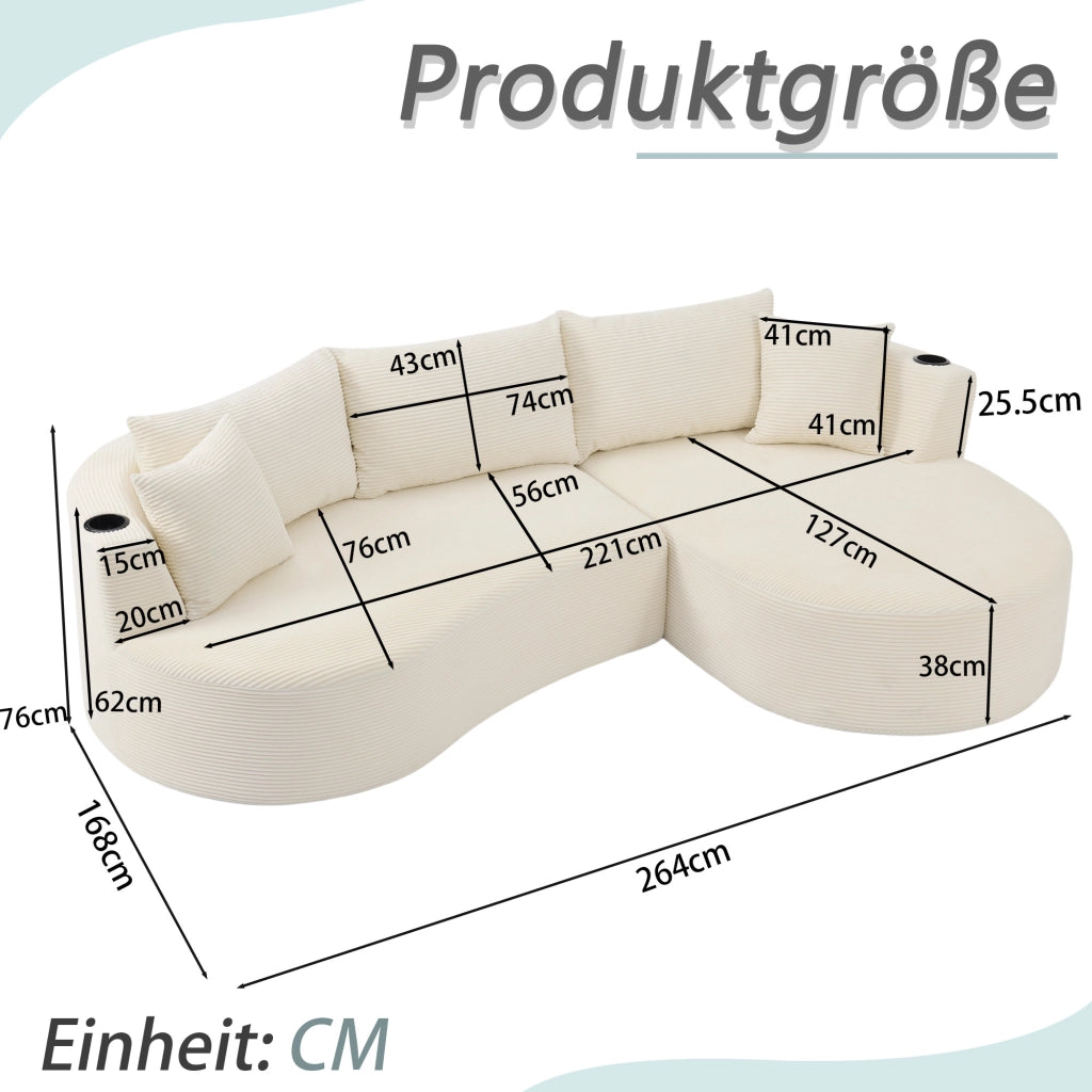 Divano Angolare 3 Posti con Chaise Longue ¨C MINIMAL ¨C Tessuto a Coste, Beige, con Cuscini e Portabicchieri
