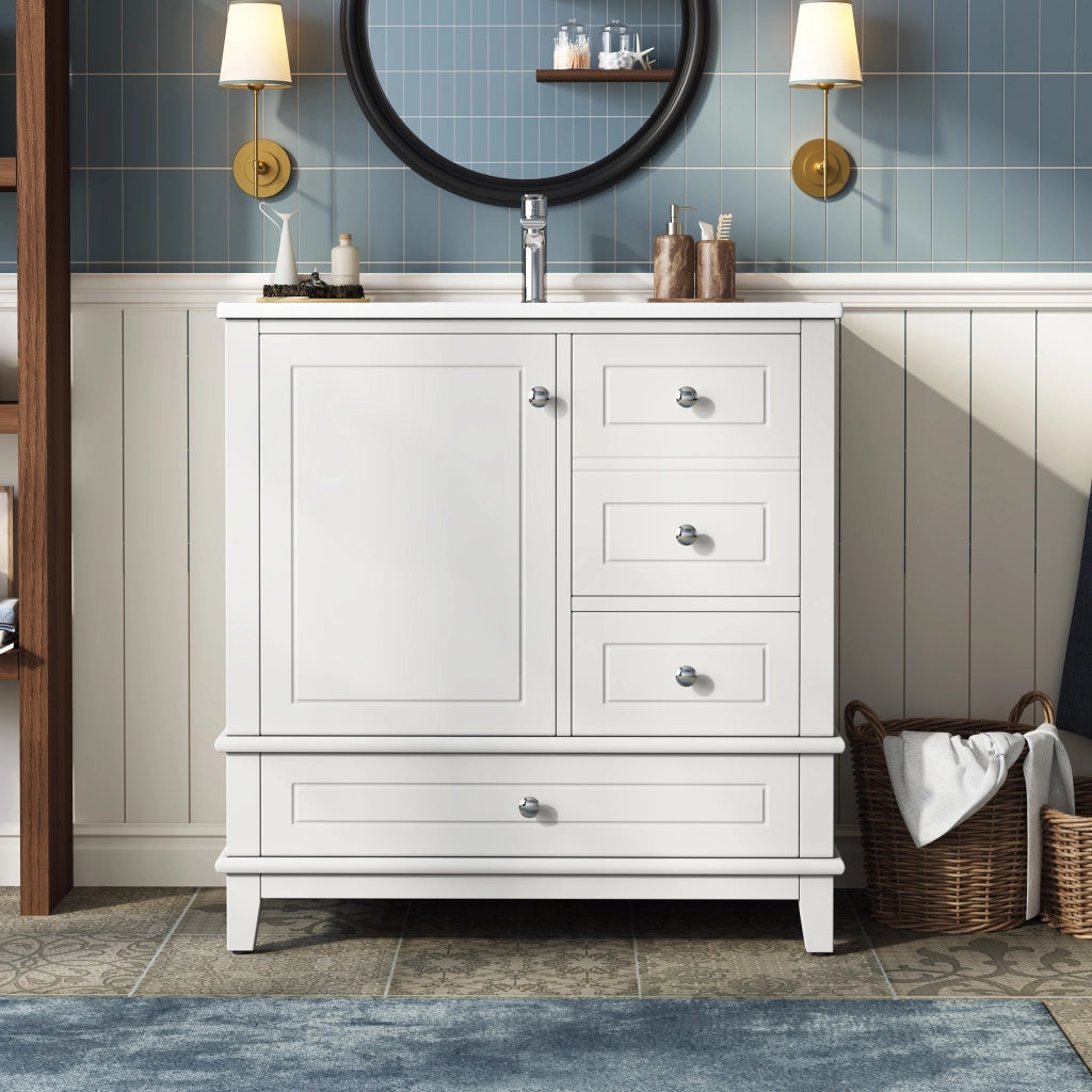 Mobile sottolavabo con 3 cassetti e anta; lavabo in ceramica - bianco - 81×47×86 cm