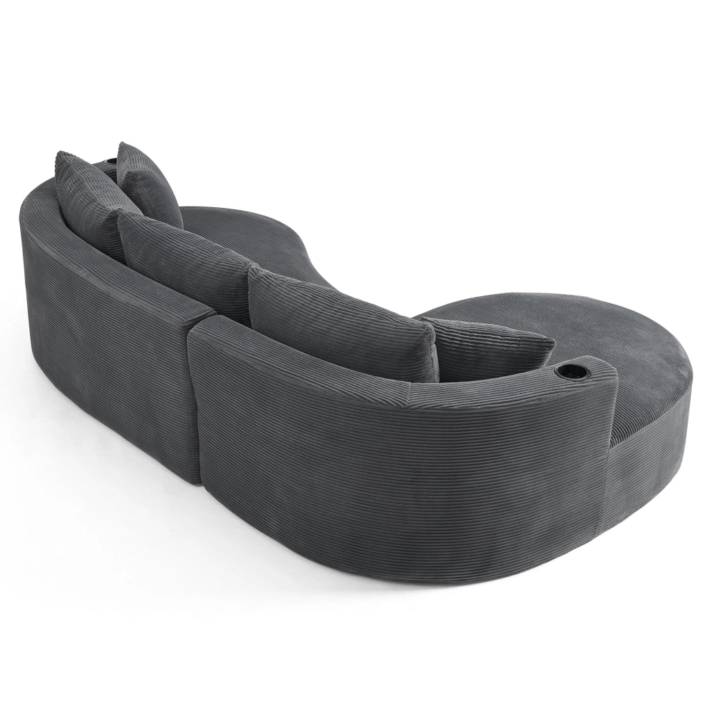 Divano 3 Posti con Chaise Longue Sinistra ¨C MINIMAL ¨C Tessuto a Coste, Grigio, con Cuscini e Portabicchieri
