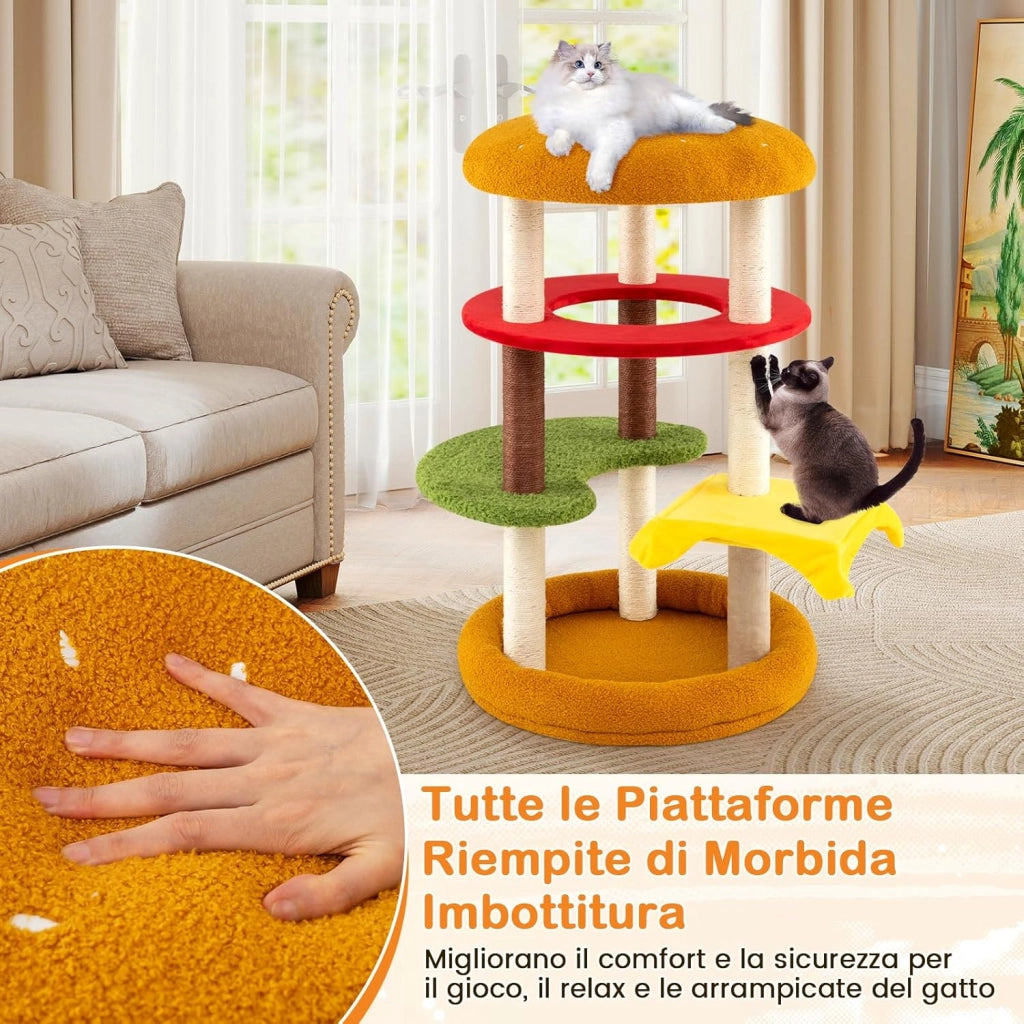 Albero per Gatti 106 cm, Tiragraffi per Gatti a Tema Hamburger con Trespolo Imbottito, Letto Spazioso, Tiragraffi di Sisal e Cuscini Morbidi, Casetta per Gattini, 60 x 60 x 106 cm