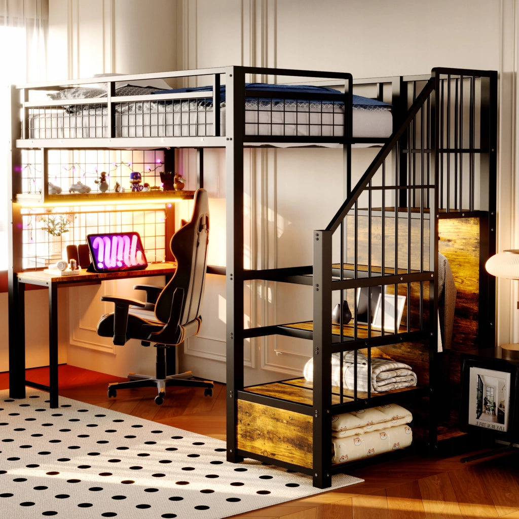 Letto a castello 90x200 nero - Xylo - Illuminazione e vano di stoccaggio