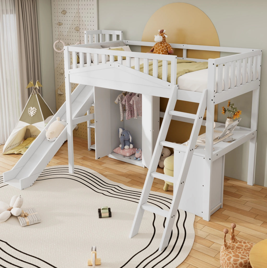 Letto a castello multifunzione con scivolo, scrivania, armadio e ripiani
