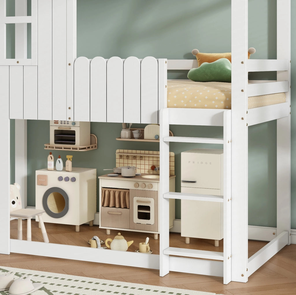 Letto a soppalco per bambini 90x200 cm con design casetta e scala