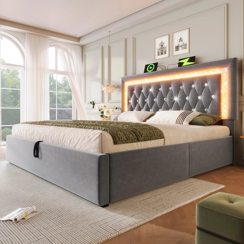 OKWISH Letto Contenitore 180×200 cm, Letto Matrimoniale con LED Regolabile, USB, Tipo C e Motivo a Losanghe, senza Materasso, Velluto, Grigio