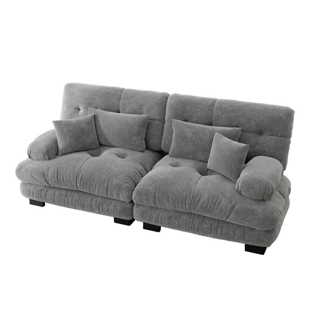 Divano angolare modulare in chenille con cuscini lombari e decorativi schienale ergonomico per soggiorno grigio