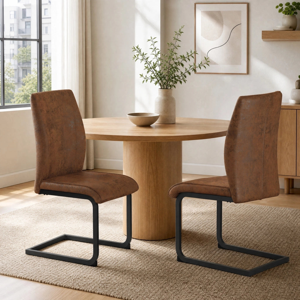 Sedia da pranzo in tessuto tecnico marrone con schienale ergonomico e struttura in metallo nero