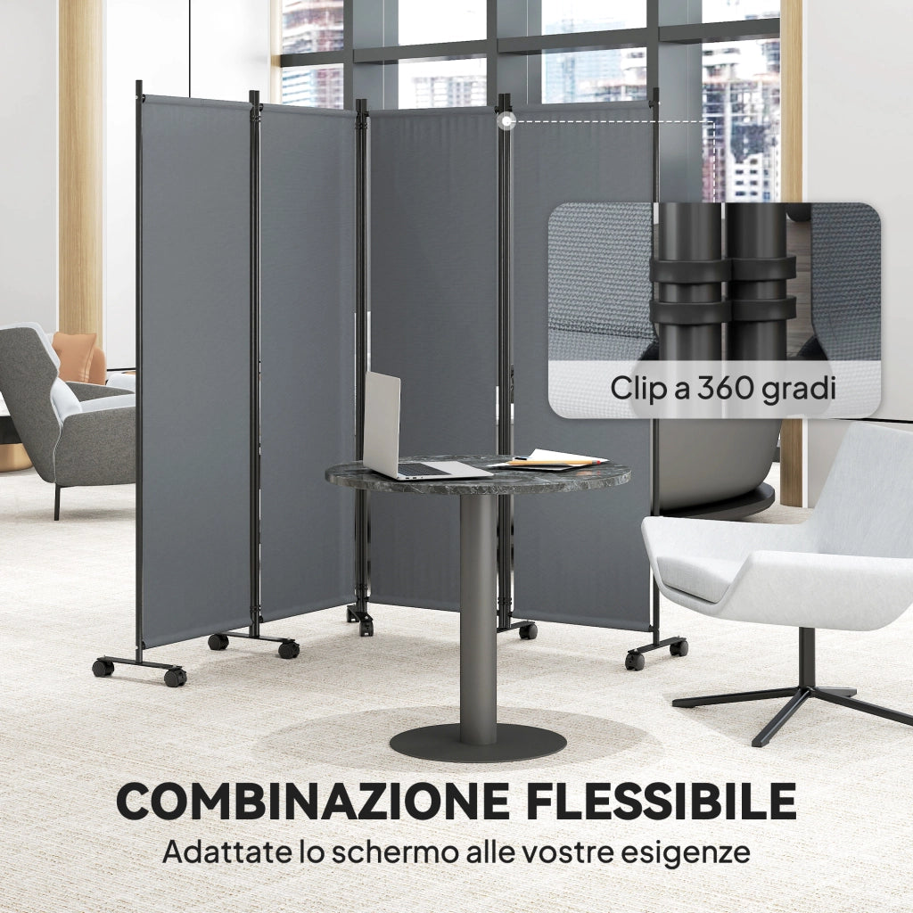 Paravento da Esterno e Interno a 4 Pannelli Pieghevole 221x50x172 cm con Ruote in Metallo e Poliestere Grigio Scuro