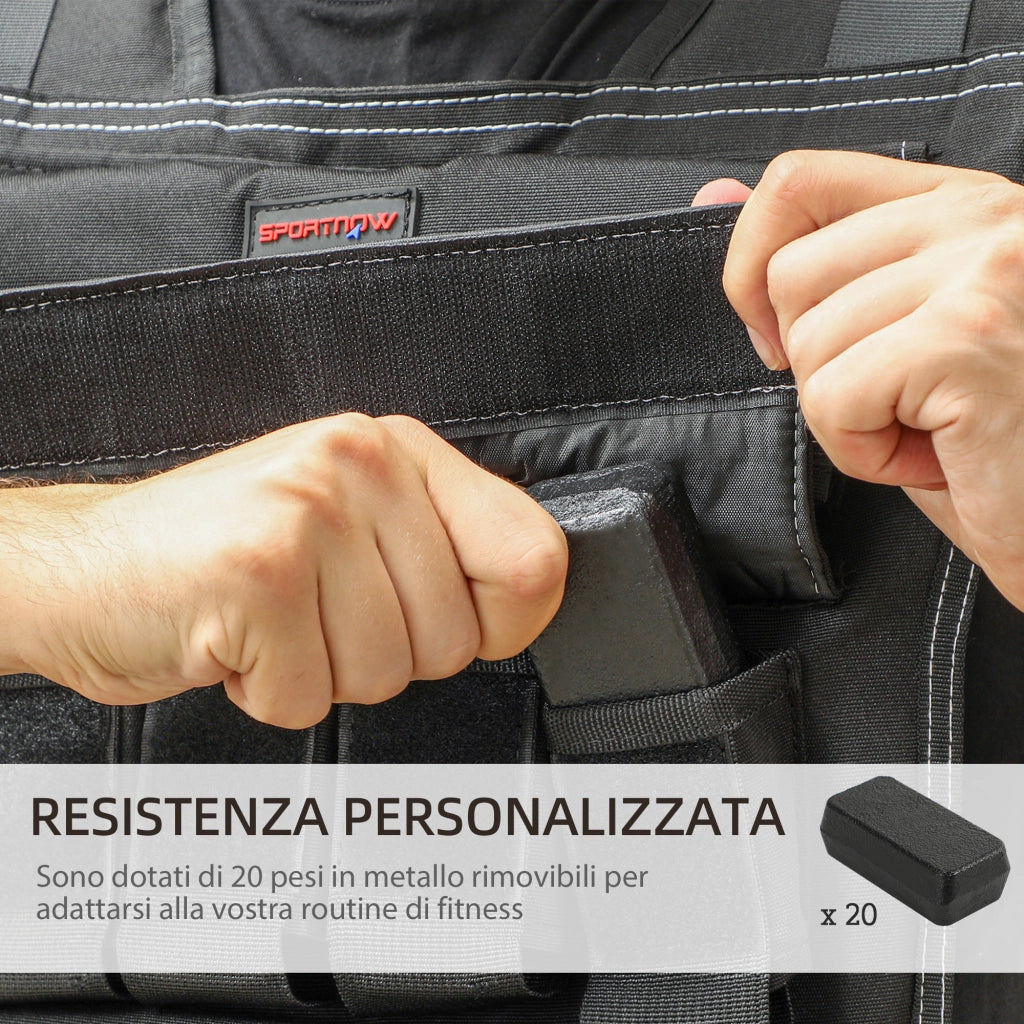 Gilet Zavorrato da 20kg Regolabile 50x40 cm con Strisce Catarifrangenti Nero